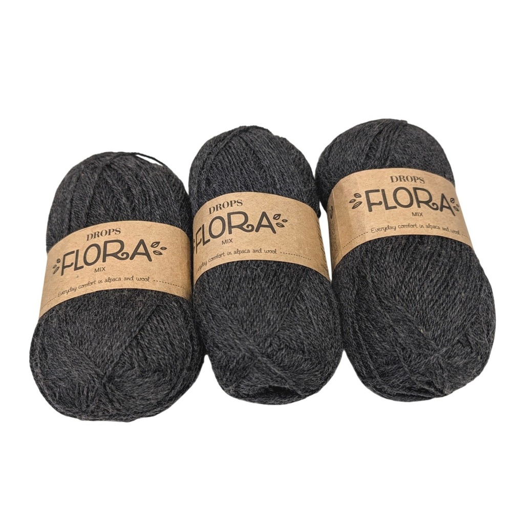 Drops Flora Mix Yarn 3 Skeins Color 05 Dark Grey Wool Alpaca Blend Peru